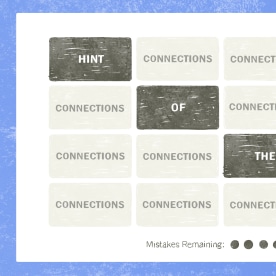 Drawing of a New York Times Connections game board. The words "Hint of the day" fill each of four dark grey tiles diagonally across the board. The rest of the tiles are light grey, with the word "connections" in each of them.