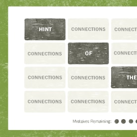 Drawing of a New York Times Connections game board. The words "Hint of the day" fill each of four dark grey tiles diagonally across the board. The rest of the tiles are light grey, with the word "connections" in each of them.