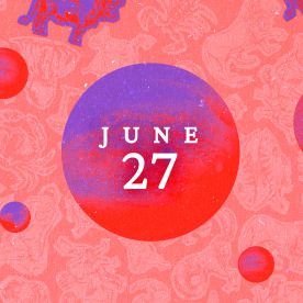 Planets over a zodiac collage background