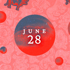 Planets over a zodiac collage background