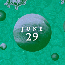 Planets over a zodiac collage background