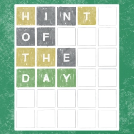Drawing of the New York Times 'Wordle' game board with the words "hint of the day" on the board.