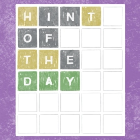 Drawing of the New York Times 'Wordle' game board with the words "hint of the day" on the board.